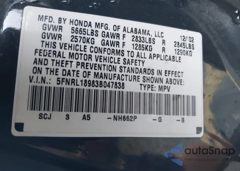 2003 Honda Odyssey Ex-L from USA, damaged, VIN 5FNRL18983B047838